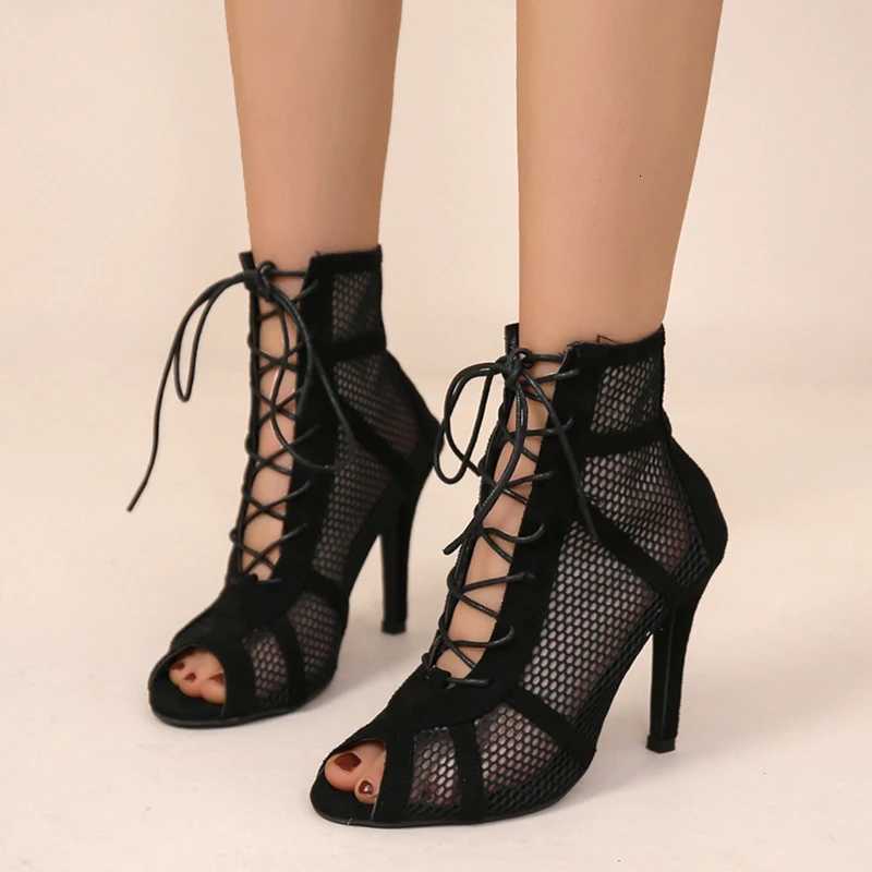 Sexy High Heels Hollow Mesh Sandals Women Summer Cross-tied Peep Toe Heeled Sandals Ankle Strap Dance Shoes Black Net Sandals W250814