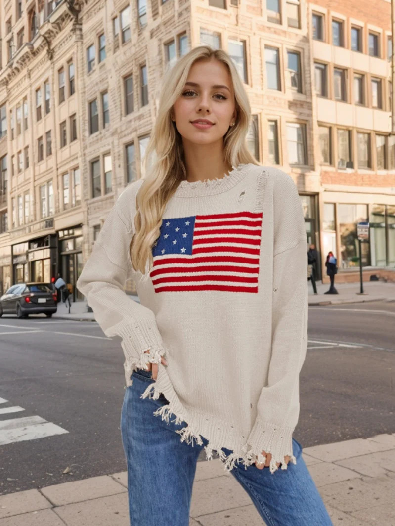 Womens Beige/Navy Blue America Flag Print Ripped Pullover Sweater Distressed Frayed Round Neck Long Sleeve Thick S-XL 250808
