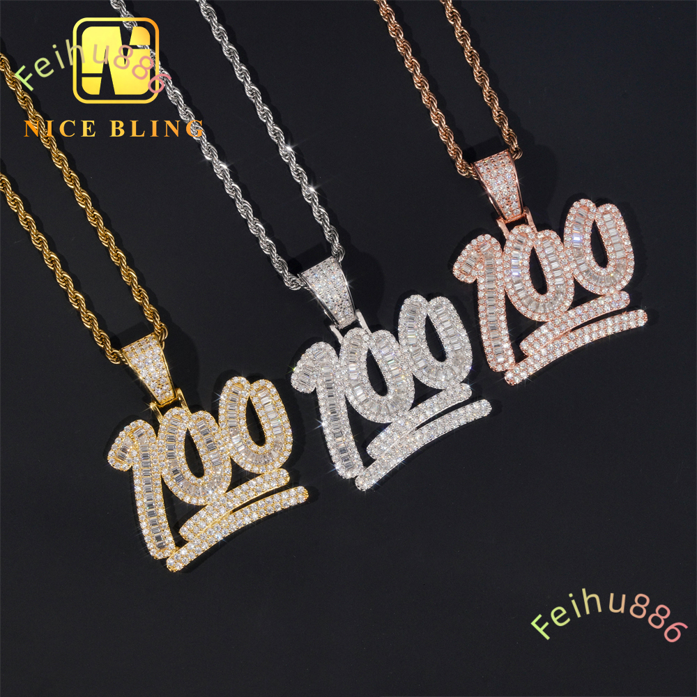 Custom Iced Out Number 100 Hip Hop Moissanite Jewelry Pendant VVS Moissanite 925 Sterling Silver Hip Hop Pendant