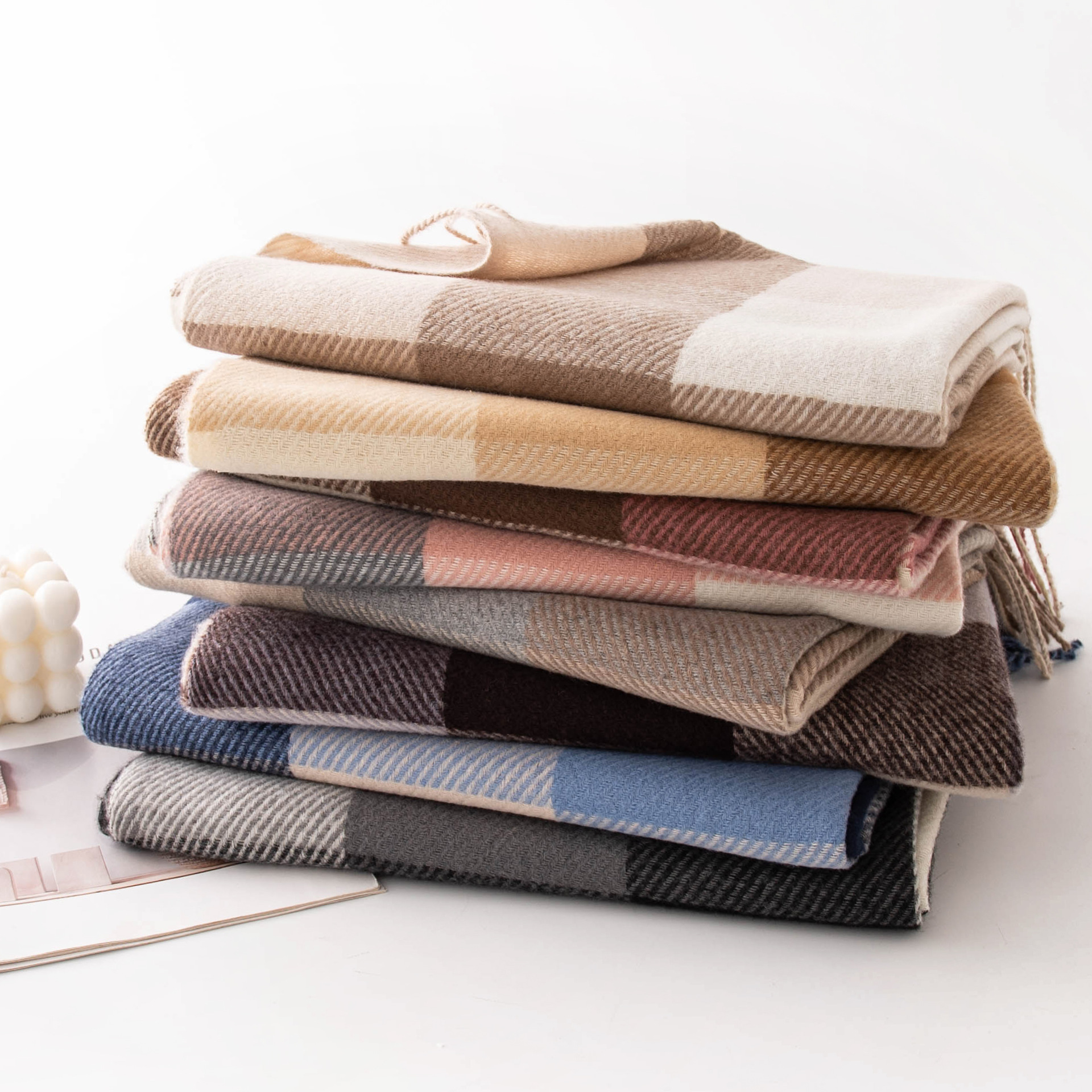 K1659 Winter new plaid scarf printed tassel imitation cashmere scarf fashionable sweet shawl medium length thick warm neck scarf