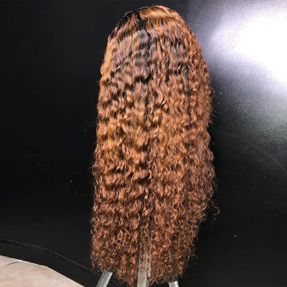 Deep Wave Lace Front Wigs Ombre Auburn Brown with Black Roots Glueless Wigs Pre-plucked Water Wave Frontal Wig Wear And Go Glueless Wig Synthetic
