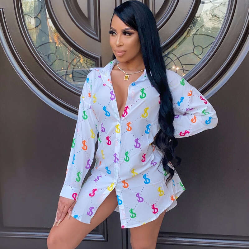 Women's Autumn Winter New Fashion Printed Turn-Down Collar Bodycon Shirt Dress