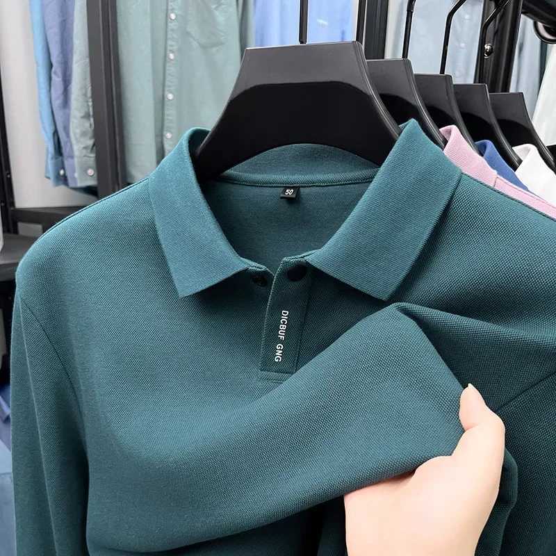 Spring and Autumn New Double-sided Beaded Long-sleeved T-shirt with Single Button Business Casual Mens Polo ShirtXJ250804