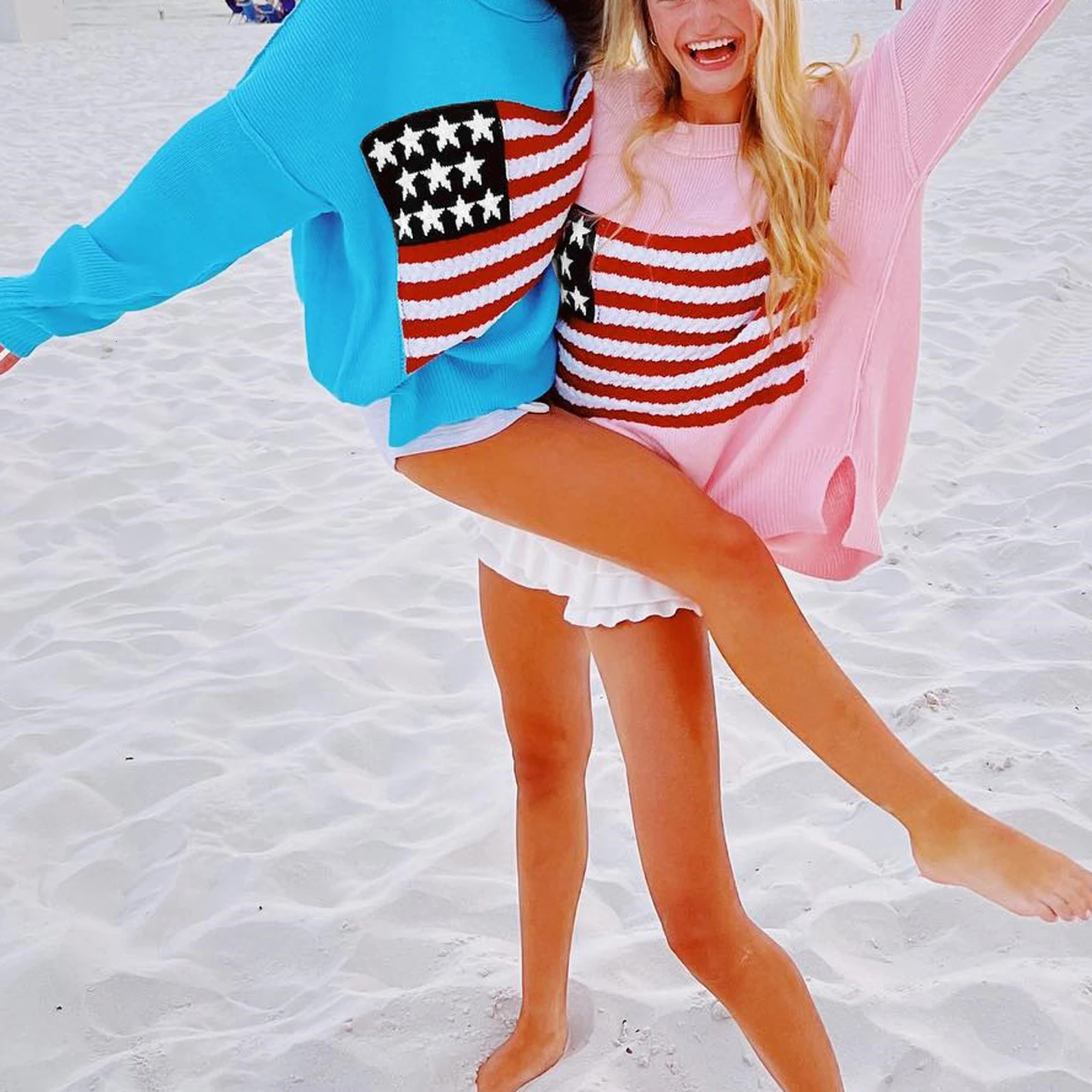 Combhasaki Women Oversized Knitwear Sweater Tops Long Sleeve Round Neck Flag Print Contrast Color Loose Fit Pullover Jumpers 250808