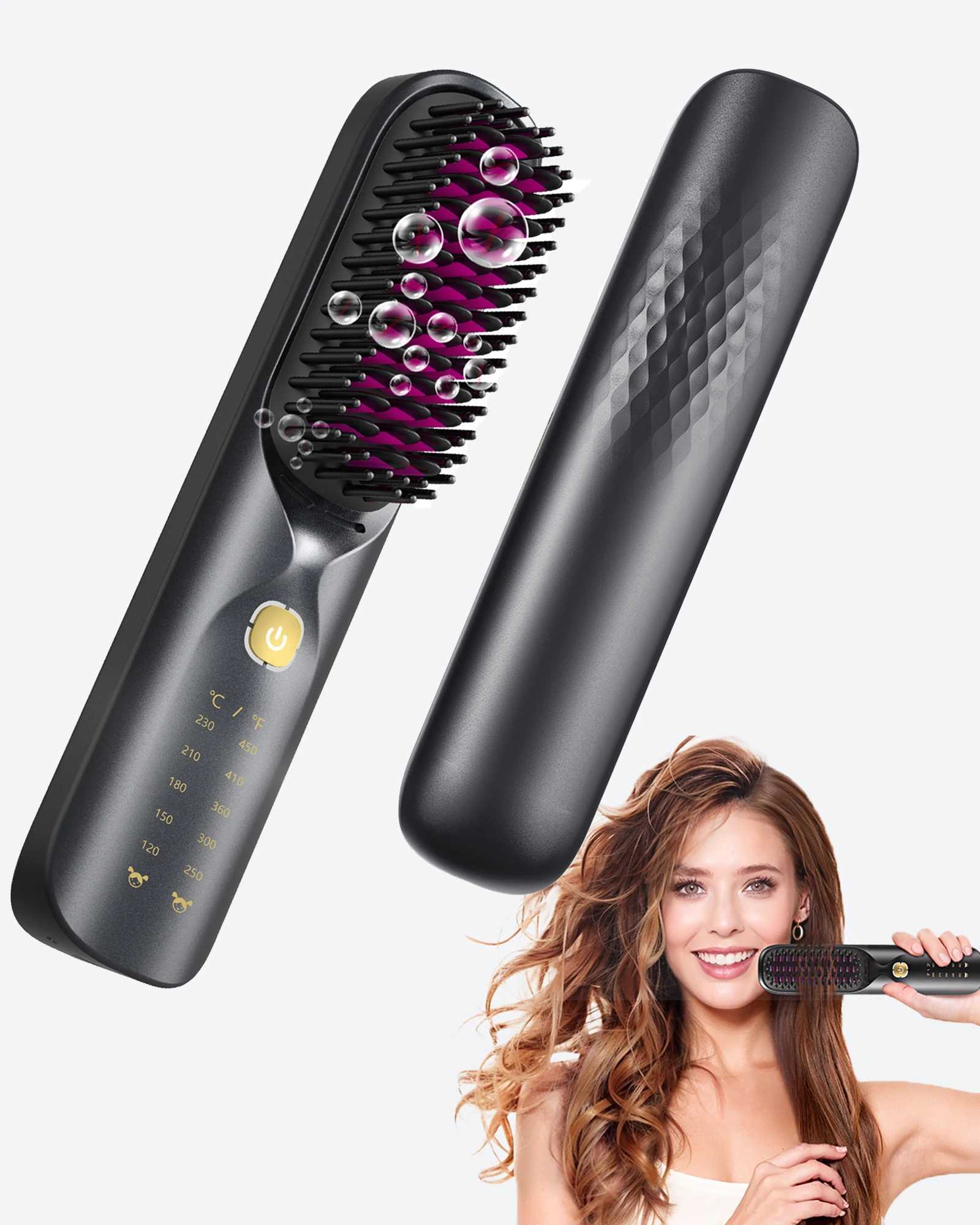 2-in-1 Cordless Straight Hair Comb Curler 10000mAh Battery Negative Ion USB Charging 30s Heat Up Travel-Friendly Styling Brush W250814