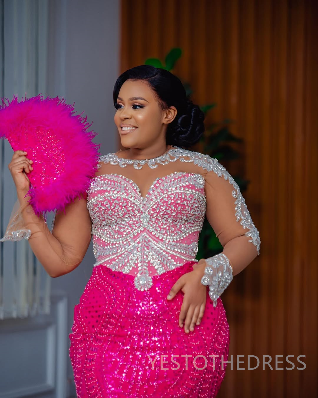 2025 Plus Size Fuchsia Mermaid Prom Dresses Aso Ebi Beaded Lace Appliqued Crystals Rhinestones Long Sleeves Illusion Birthday Dress Second Reception G