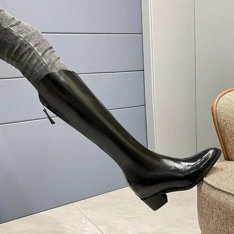 Knee High Shaft Shoes Woman Waterproof Pointed Toe Black Large Size Warm Spring Autumn Long Boots for Women Fashion 250812