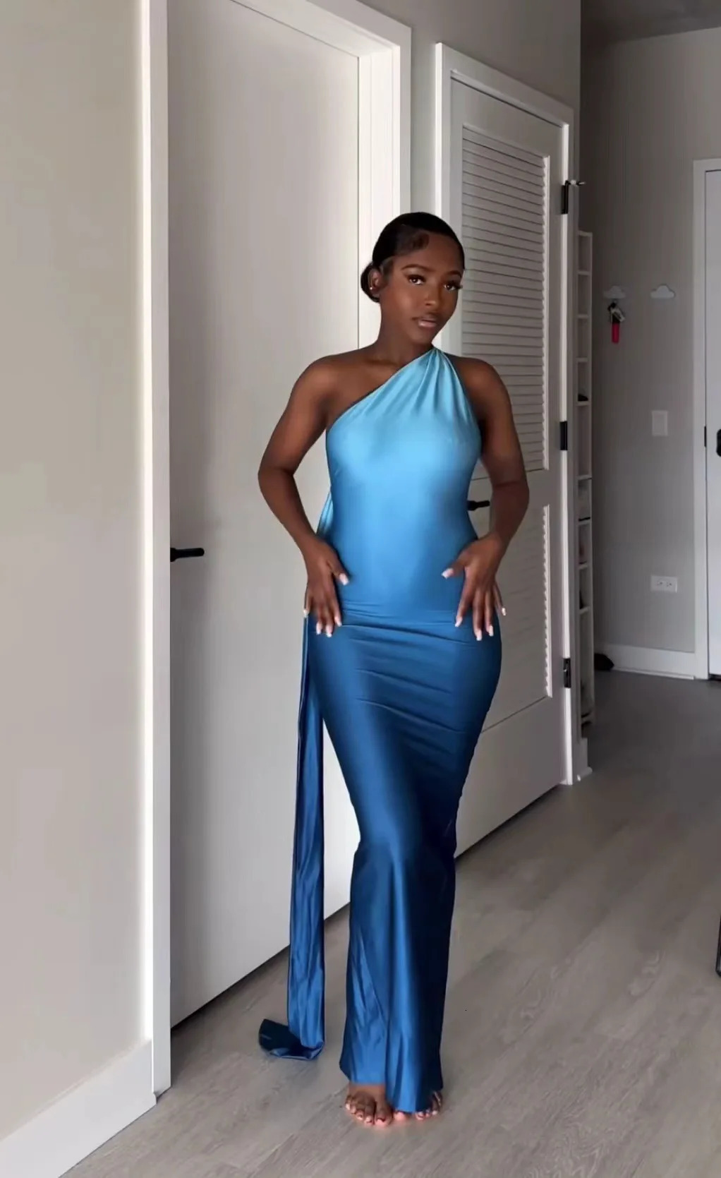 Hanging Neck Ribbon Dress Blue Silk Satin Robes Fashion Slim Fit Casual Irregular Vacation One Shoulder Woman Long Dresses 250813