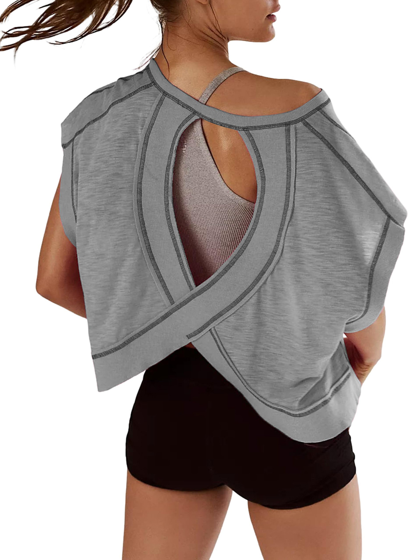 Women's T Shirts Short Sleeve Workout Shirts Open Back Tops Casual Yoga Y2k Athletic Gym Slouchy Crop Running Tees