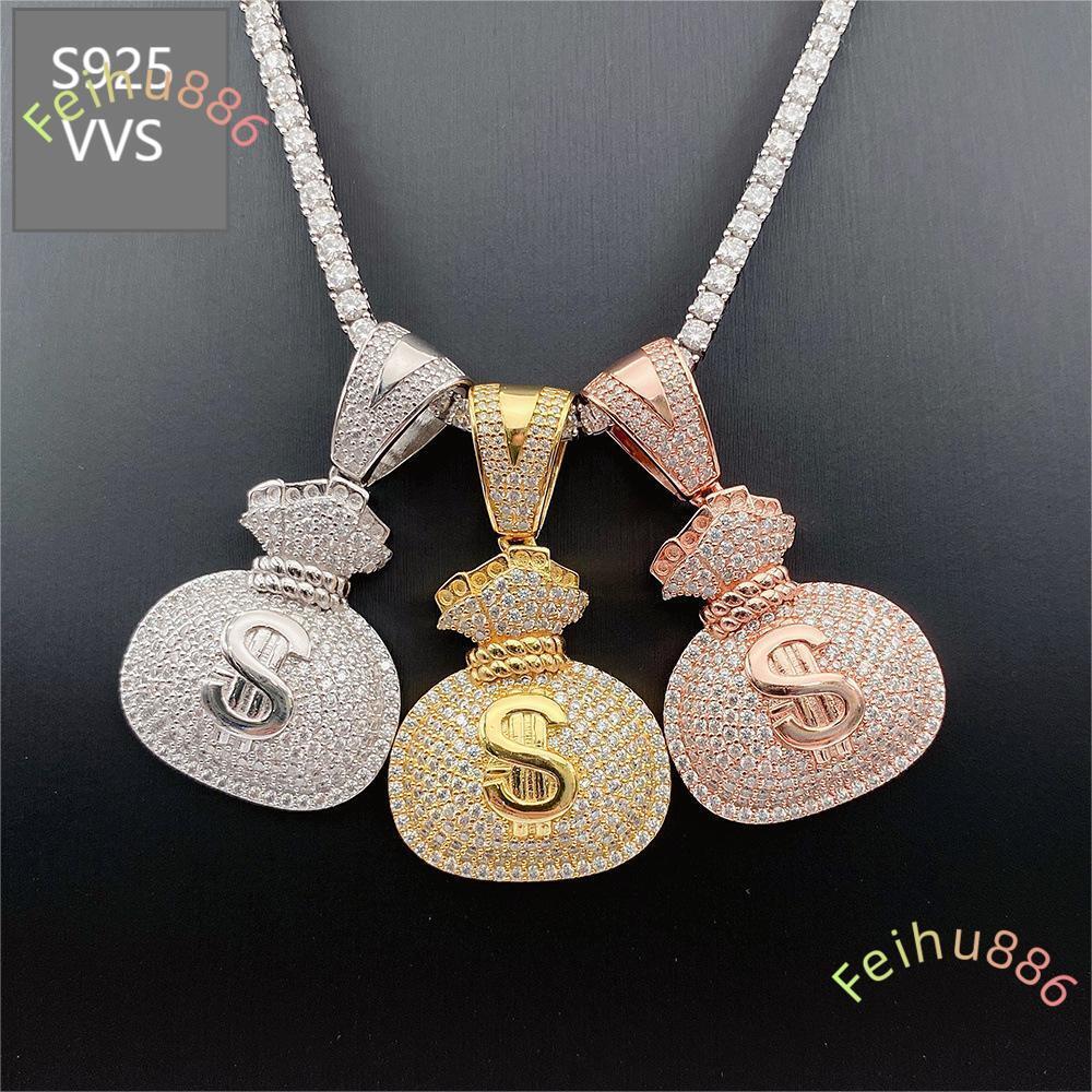 Iced out 925 Sterling Silver Hip Hop Diamond Pendant D Color VVS Moissanite Money Bag Gold Plating Rope Chain GRA Certificate