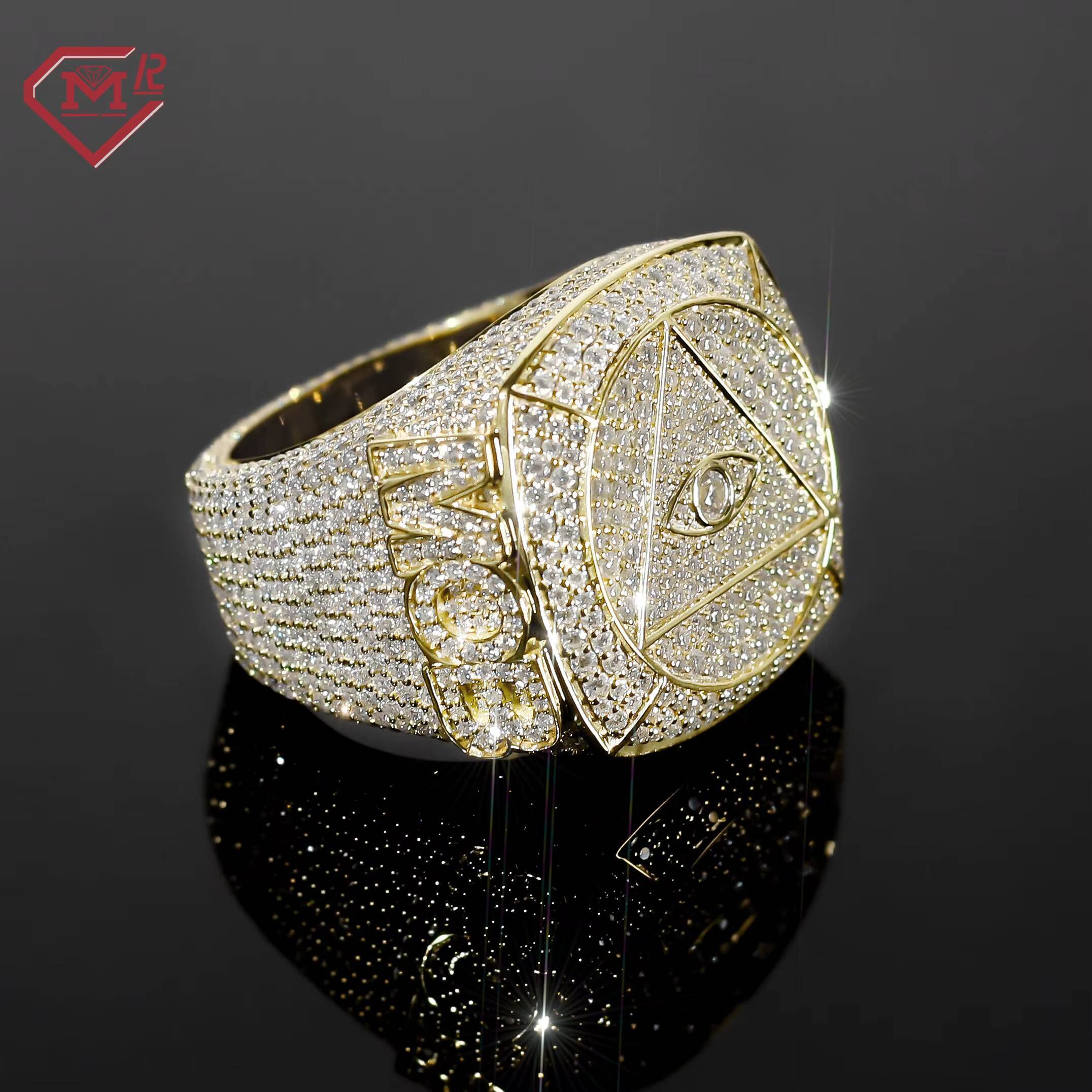 Custom Hip Hop Champion Sier Moissanite Ring Men's Yellow Gold Plated Band