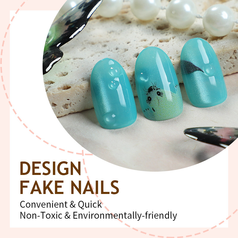 24pcs Shiny Green Cat Eye False Cute Seal Print Fake Tips Wearable Reusable Glossy Short Round Press on Nails X250814