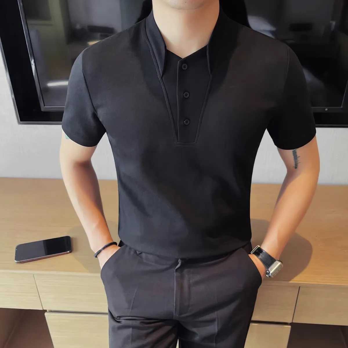 Summer Mens Polo Shirts Korean Style Fashion Turn Down Collar Solid Color Short Sleeve Slim Fit Polos Men Fake Two Pieces Tees XJ250804