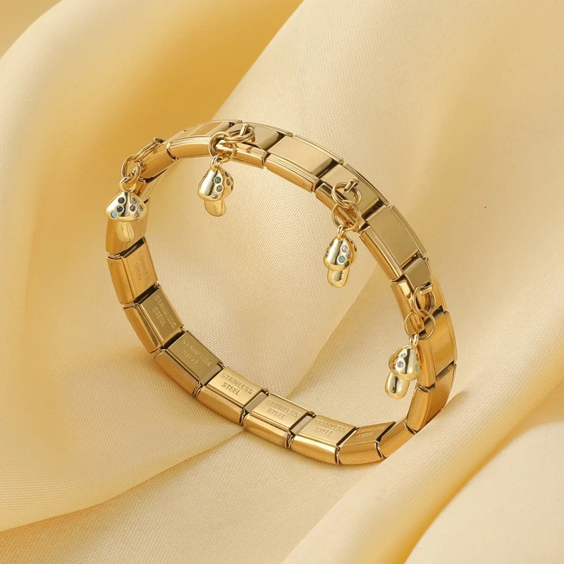 Y2K Golden Cherry Pendant Stainless Steel Elastic Italian Links Charm Bracelet 9mm Width Simple Bangle Women DIY Jewelry 250813