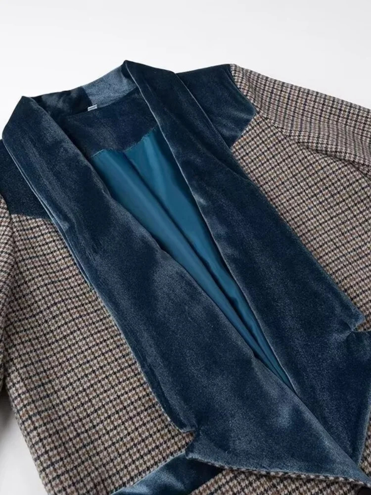 Woolen Plaid Long Coat Women Turn-down Collar Loose Long Sleeve Button Elegant Outwear Female Thicken 2025 Spring Street Jacket 250813