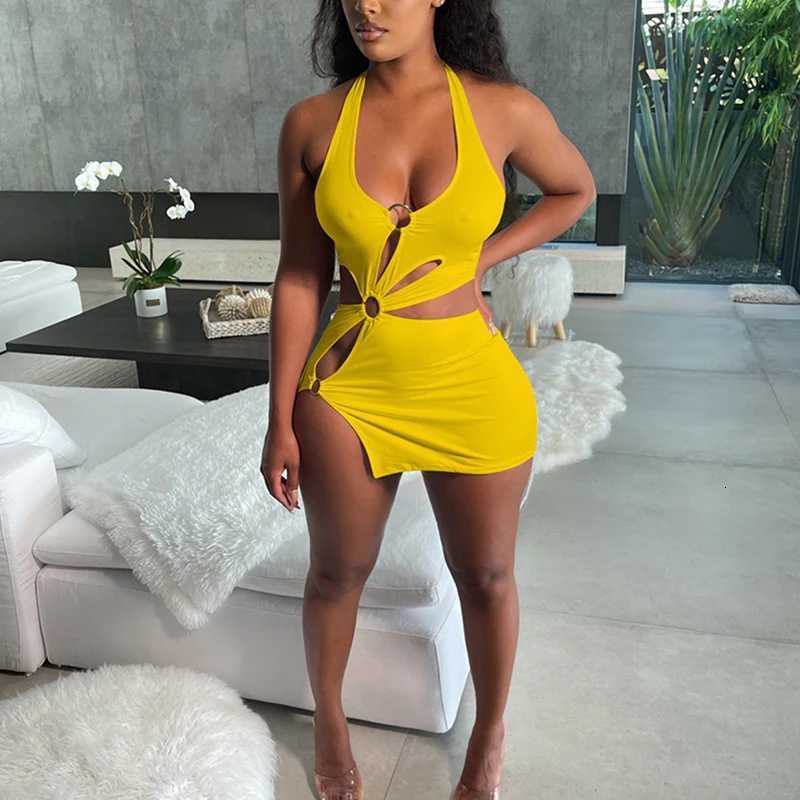 2022 Summer Dresses for Women High Street Stretch Slim Hollow Sexy Mini Bodycon Dress Ele Orange Sleeveless Club Party Sundress XJ250814