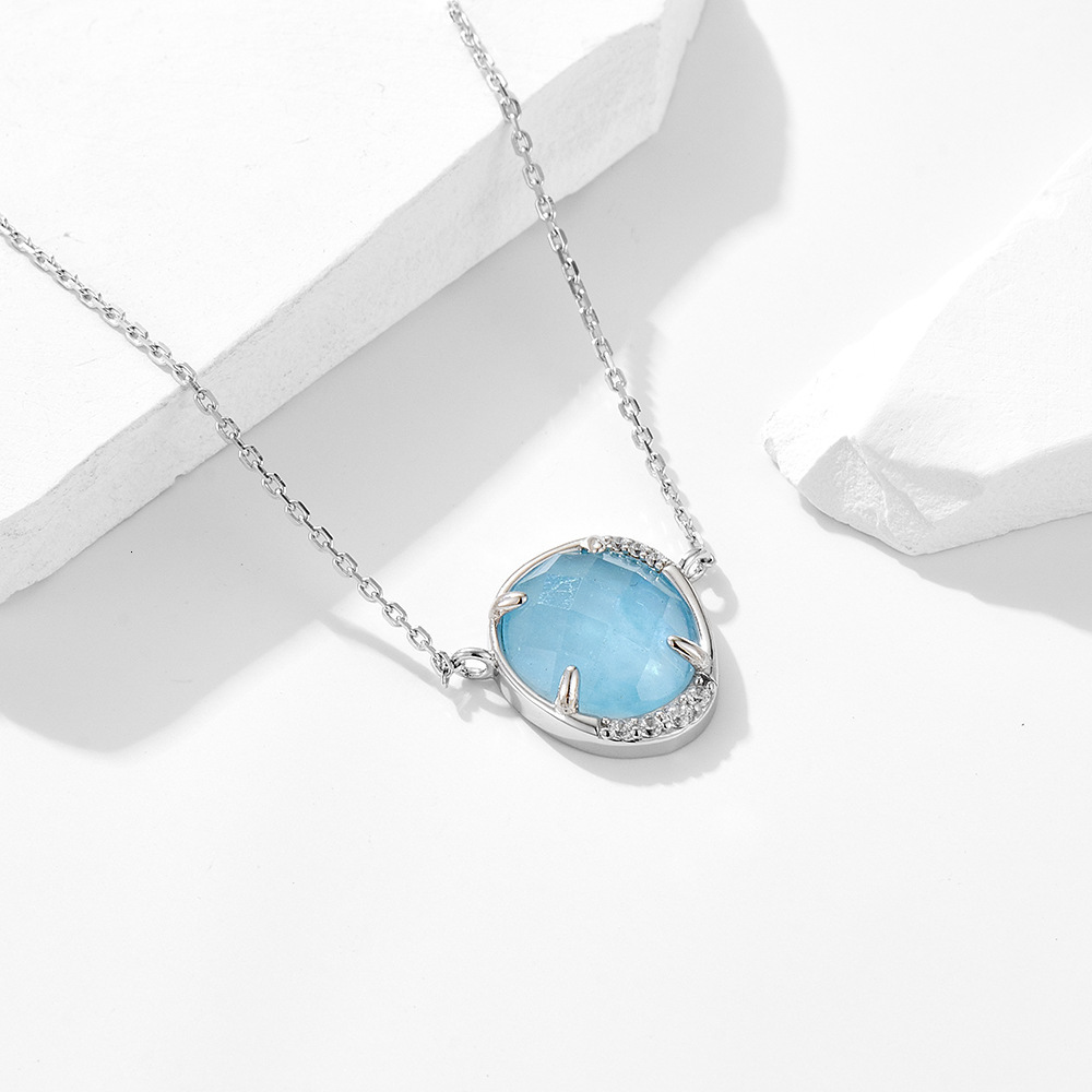 Oval Egg-Shaped Natural Aquamarine Pendant Sterling Sier Necklace for Women, Niche High-End Clavicle Chain Jewelry for Women