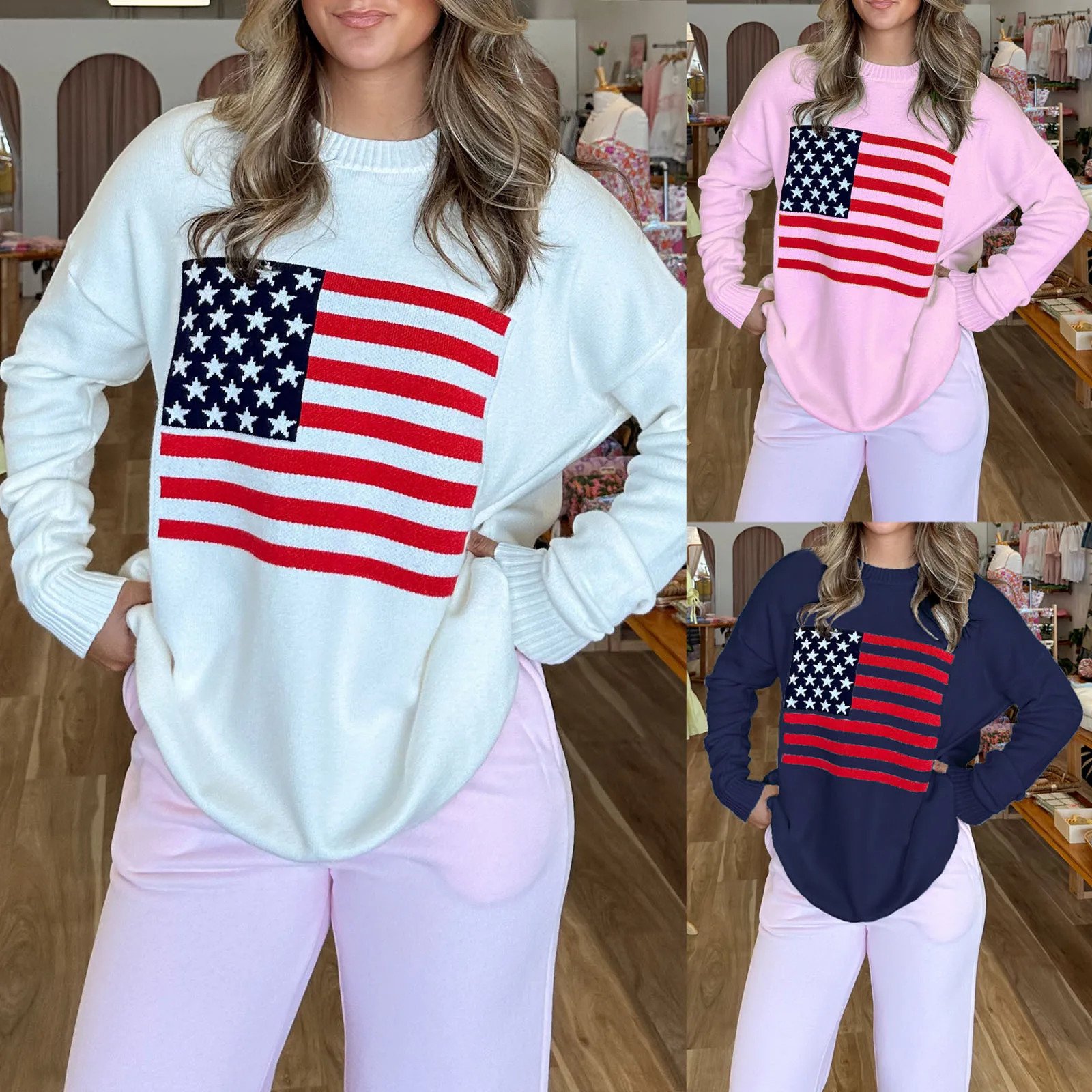 2025 Fashion Womens Spring Loose Sweater America Flag Print Long Sleeve Round Neck Knitwear Pullover 250808