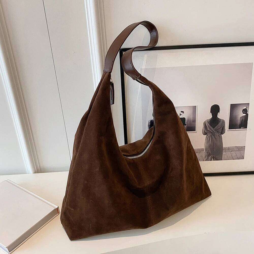 Women Suede Retro Single Shoulder Large Capacity Trendy Work Hobo Solid Color Hasp Closure Outdoor Travel Bag