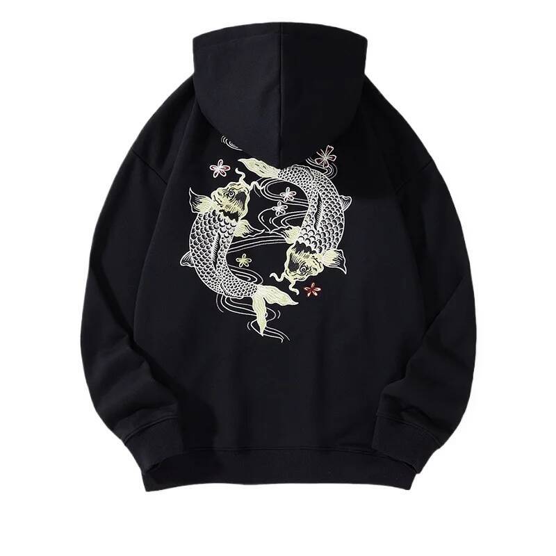 Autumn Embroidery Men Women Chinese Carp Casual Crewneck Sweatshirt Cotton Fashion Hooded Hoodies Haruku Unisex Male