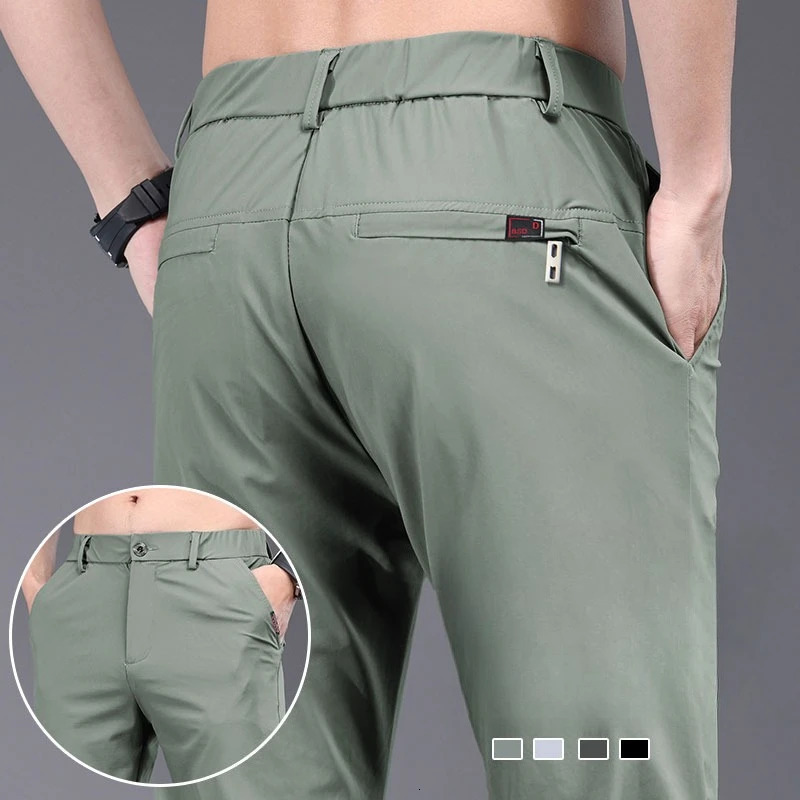 Summer Mens Ice Silk Pants Korean Y2K All Match Elastic Sweatpants Office Business Casual Fashion Straight Suit Trousers 250813