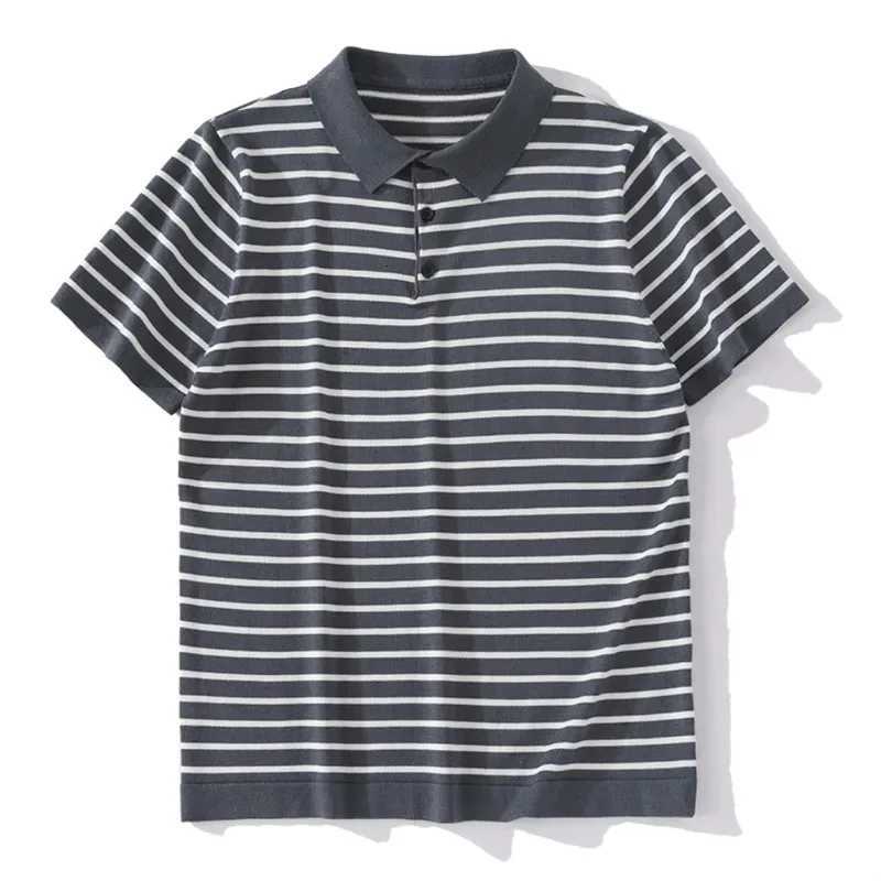 Summer Ice Silk T-Shirt Casual Slim Fit Lapel Breathable Quick Drying Mens Golf Polo Shirt Striped Short Sleeved Business Top XJ250804