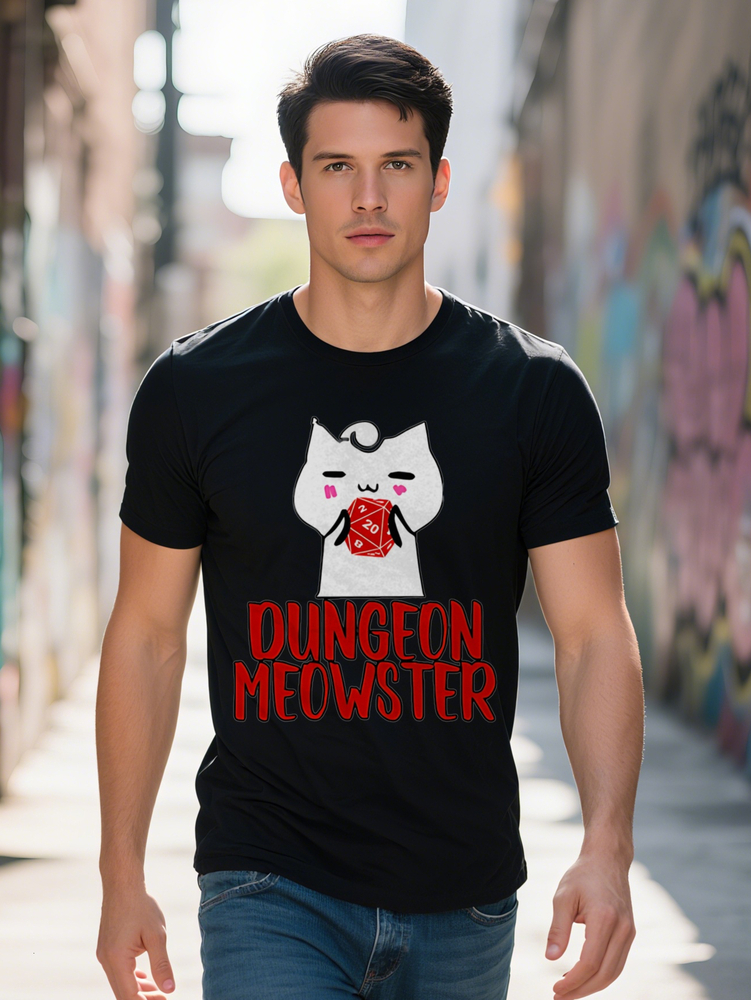 Men s Casual Graphic T Shirt Black Round Neck Tee with White Cartoon Red Dice Print D Inspired Dungeon Meowster