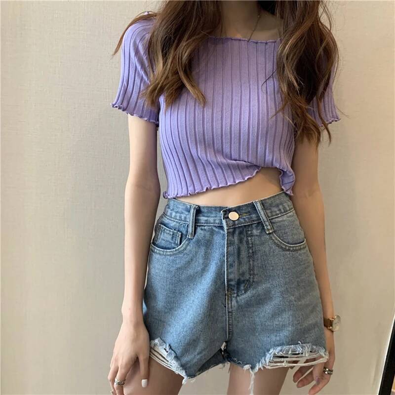 2025 fashion Women's Knitted Ruffle Hem Top Cute Umbilical Top Off Shoulder T-shirt Summer Women's Short Sleeve T-shirt Designer Top