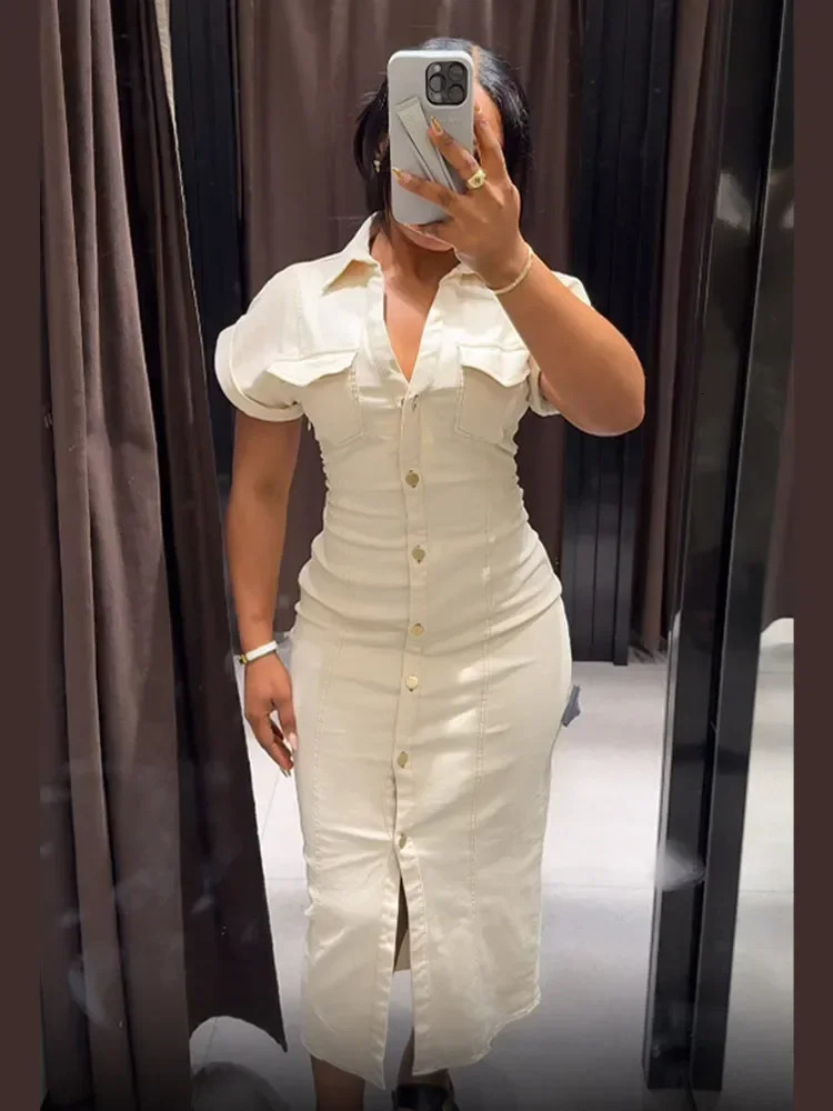White Single Breasted Denim Dress Womens Elegant Short Sleeve Lapel Bodycon Vestidos 2025 Female Commute Street Robes Summer 250813