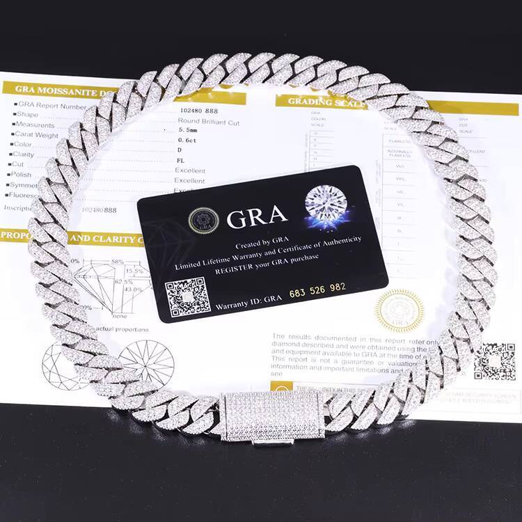 Customized 15mm 18mm 20mm Cuban Chain S925 Sliver GRA Vvs Moissanite 3rows Mens Jewelry Rapper Necklace Cuban Link Chain