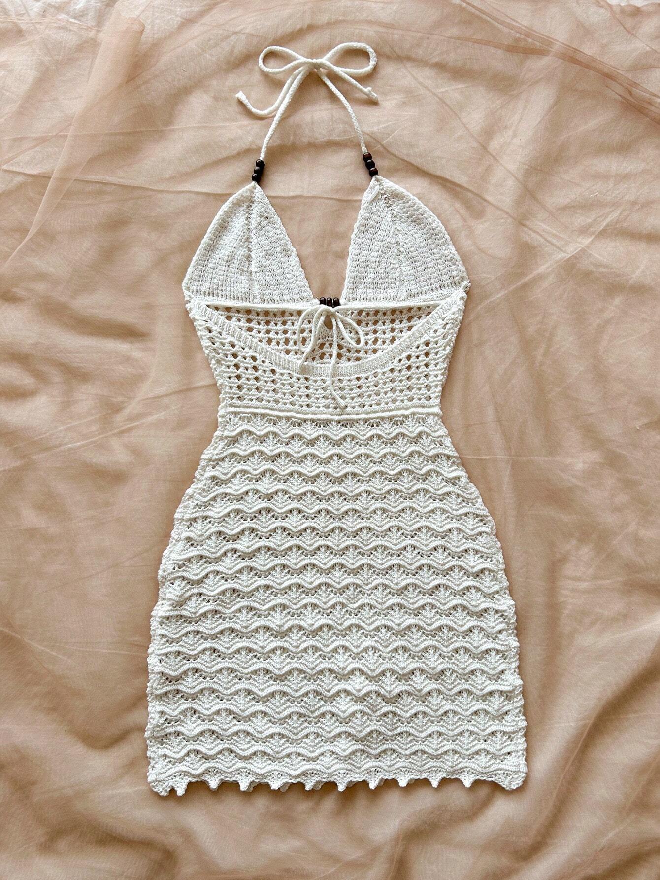 Summer Sexy V-Neck Hollow-Out Wooden Beads Fitted Dress, Vacation Spaghetti Strap Backless Ombre Knitted Dress