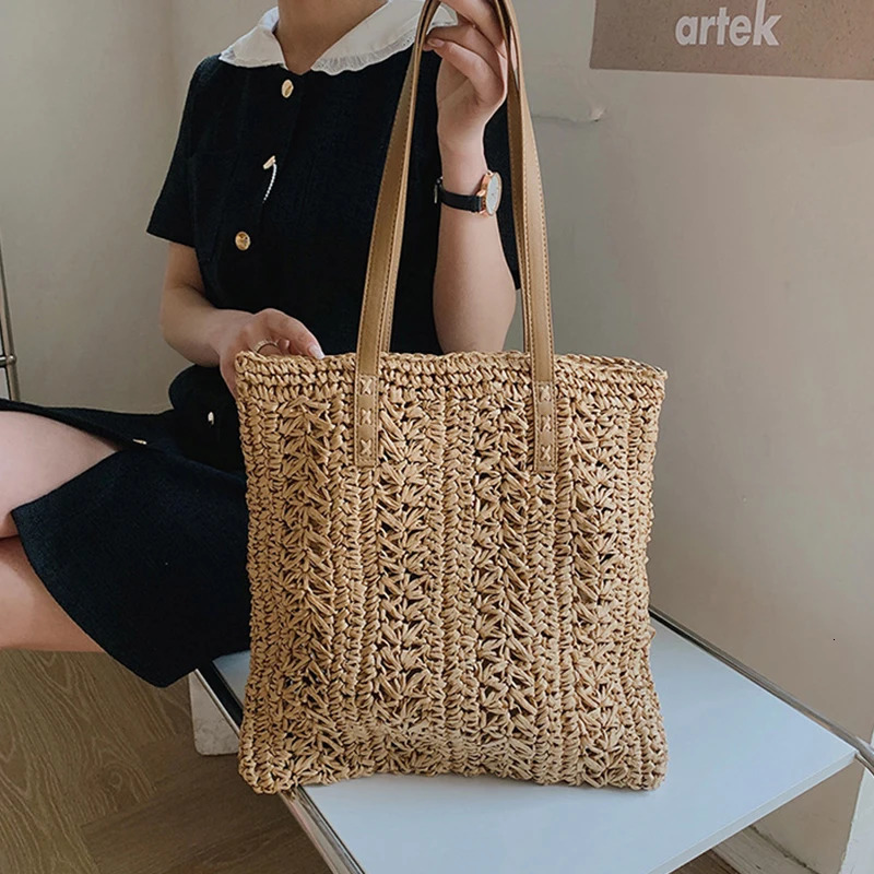 Square Hollow Straw Beach Bag Handmade Woven Shoulder Bag Raffia Rattan Shopping Travel Bag Bohemian Summer Vacation Casual Tote250813