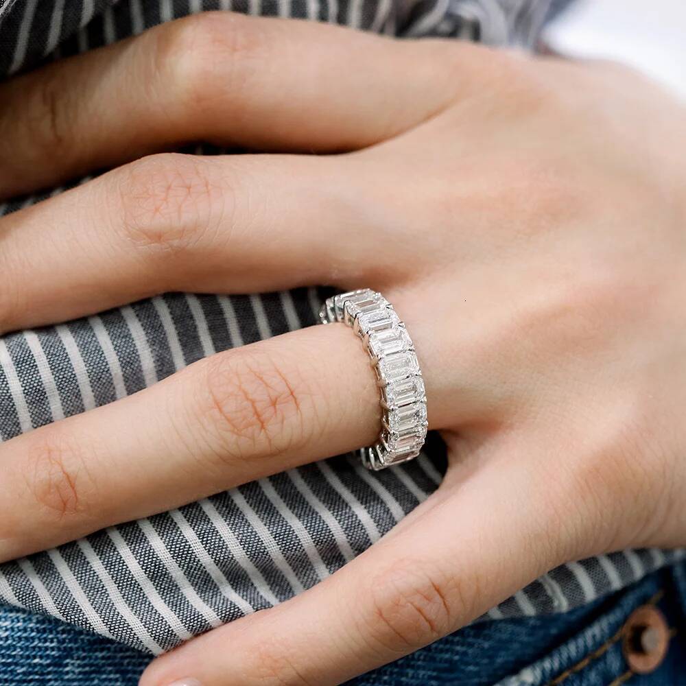 Rectangle Full Mossanite Ring 925 Sterling Silver Plated Gold 2*4mm Emerald Cut Diamond Rings Wedding Eternity Band For Women