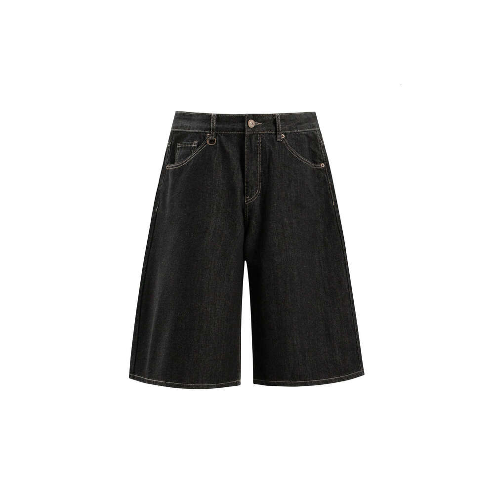 American Style Genuine Leather Cropped Jeans Unisex Summer Trendy Loose Fit Casual Shorts B5