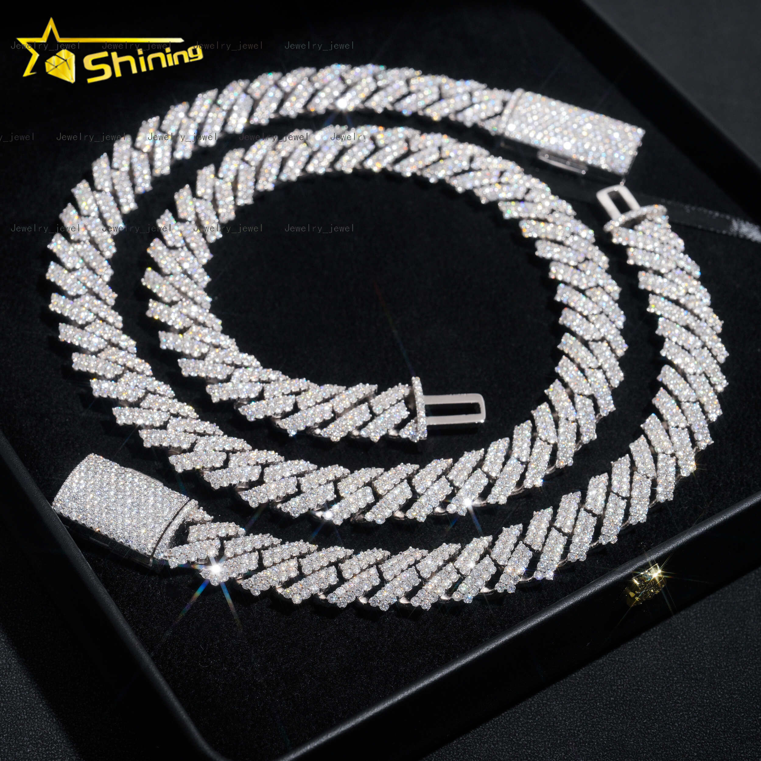Shining Moissanite Hip Hop Jewelry 15mm 2rows Design Sterling Silver Gold Plated Diamond Moissanite Cuban Link Chain