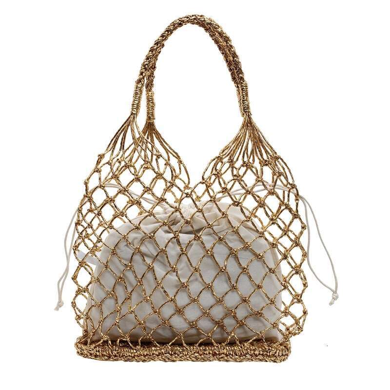 Shiny Korean INS Gold and Silver Thread Holiday Hollow Crochet Woven Personality Beach Handheld Basket Bag for Women