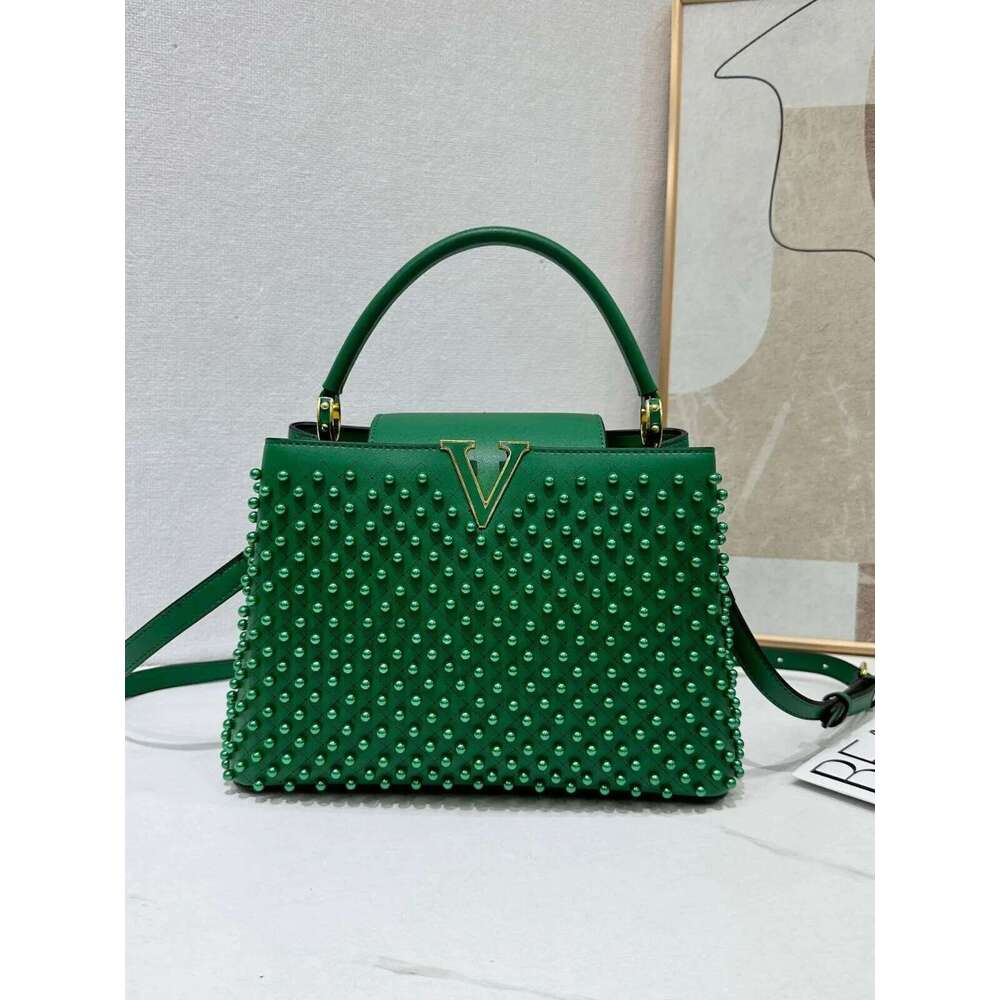 Designer Full Pearl Inlay PU Leather Handbag Women S Fashionable V Letter Single Shoulder Portable Messenger Bag