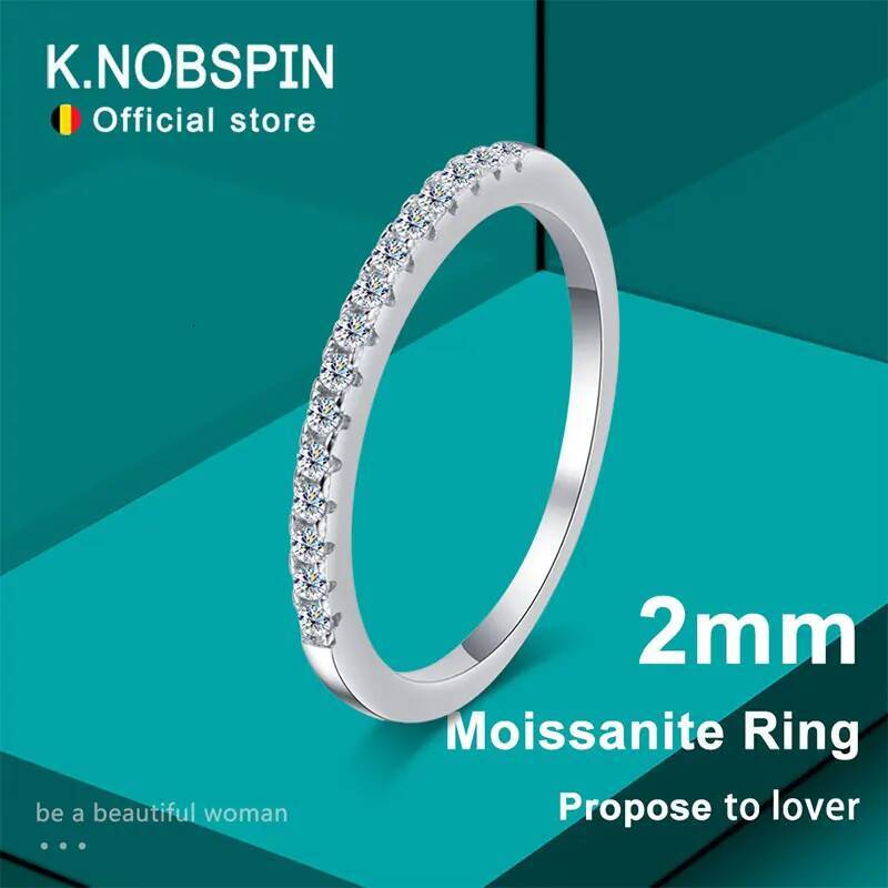KNOBSPIN 2mm D Color Moissanite Ring s925 Sterling Sliver Plated 18k White Gold Eternity Band Wedding Engagement Rings For Women