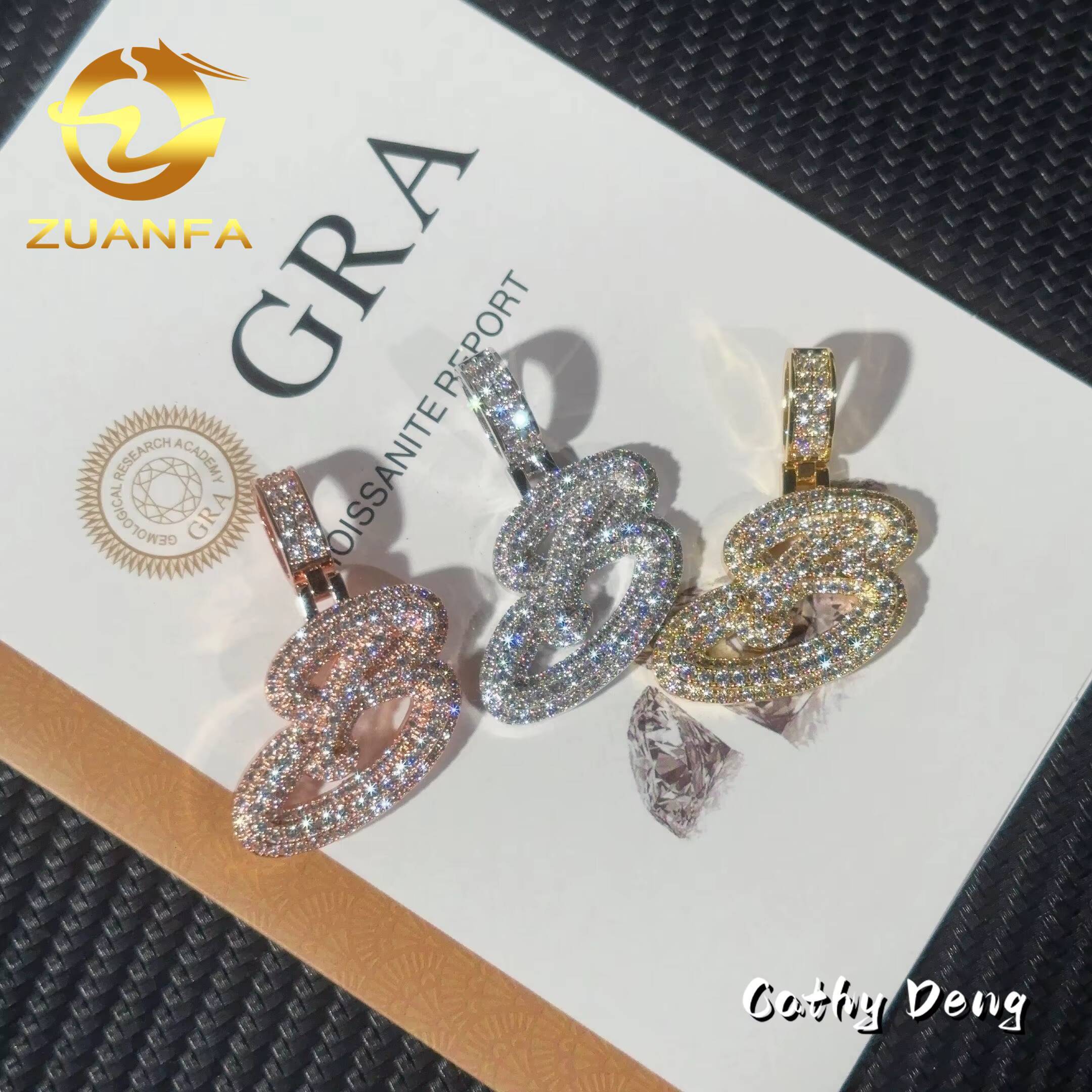 Ready to Ship Initial Letter Moissanite Pendant Hip Hop Style Iced Out Pendant 925 Sterling Silver Pendant With 316L Rope Chain