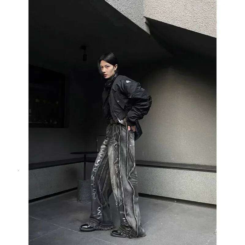 Women Black Gothic Y2k Graffiti Jeans Vintage Hip-hop Baggy Aesthetic Washing Fashion Striped Pants Korean Trashy Denim Trousers