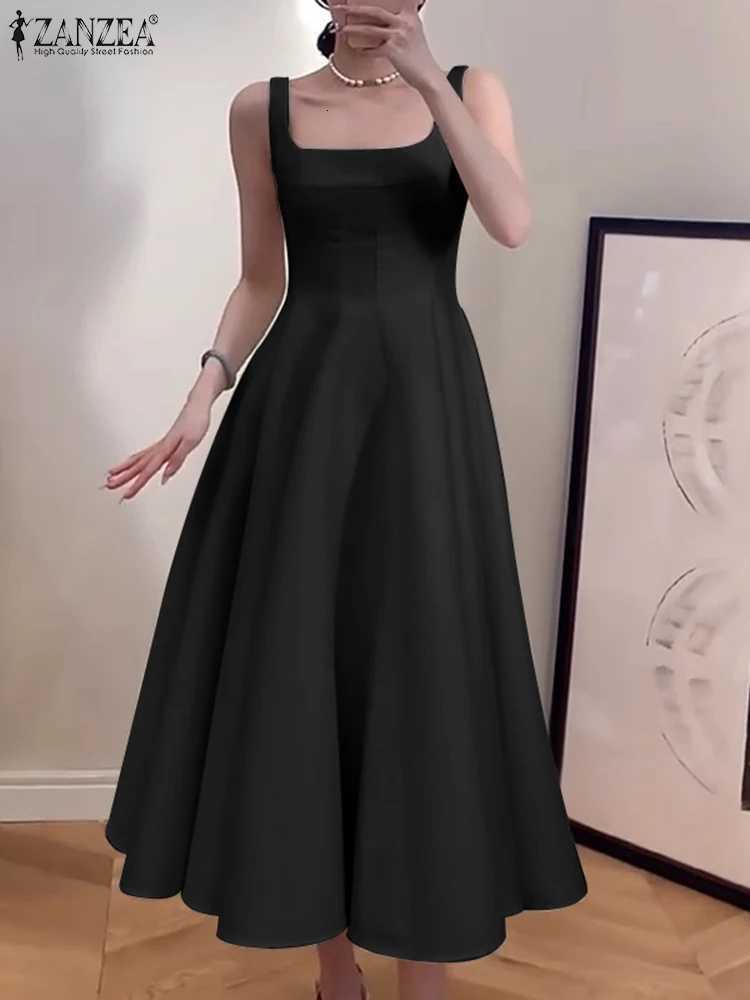 2024 Summer Holiday Waisted Casual Square Collar Midi Dress ZANZEA Women Sleeveless Tank Dress Vintage Solid A-line Dress XJ250814