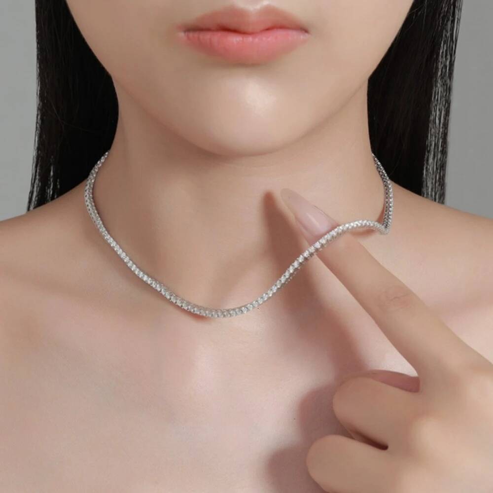 NKHOG 2mm Moissanite Tennis Necklaces Women 925 Sterling Silver Sparkling Diamond Chains Wedding Gift Fine Jewelry GRA Certified