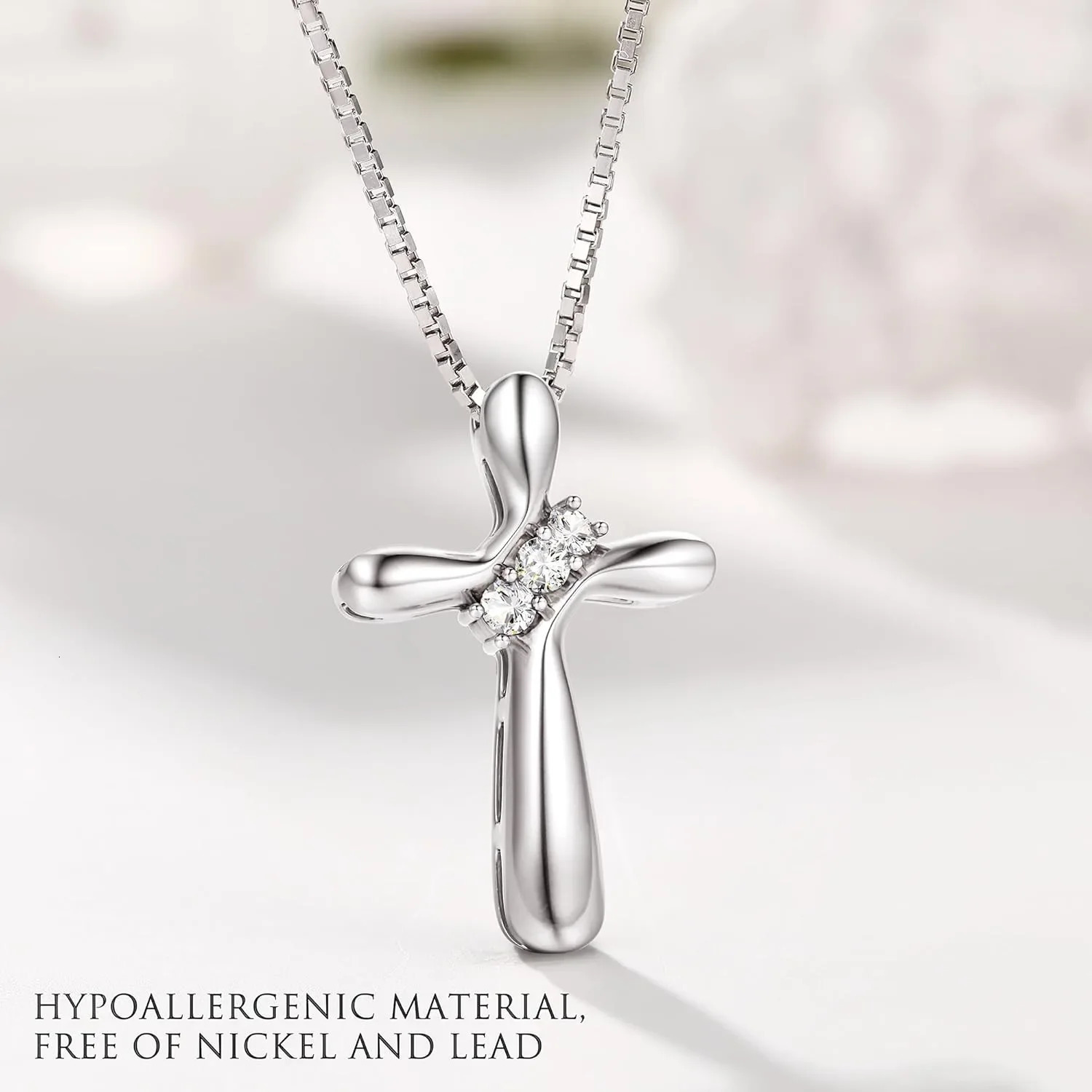 925 Sterling Silver Cross Necklace for Women 3 Stone Cubic Zirconia Silver Cross Pendant Necklaces with 1 MM Box Chain18 Inches 250812