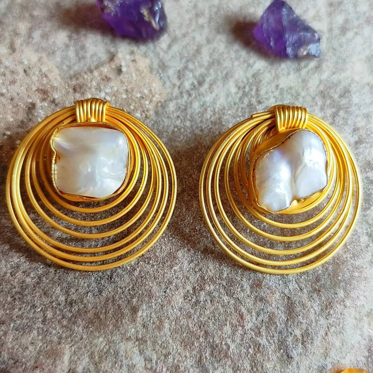 High-Quality Irregular Gold-Plated Large Baroque Pearl Line Wrapped Geometric for Women Exaggerated Statement Earrings