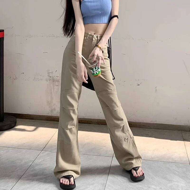 Woman High Waist Fashion Loose Flare Jeans Female American Casual Bell Bottom Pants Girls Designer Khaki Denim Cargo Trousers
