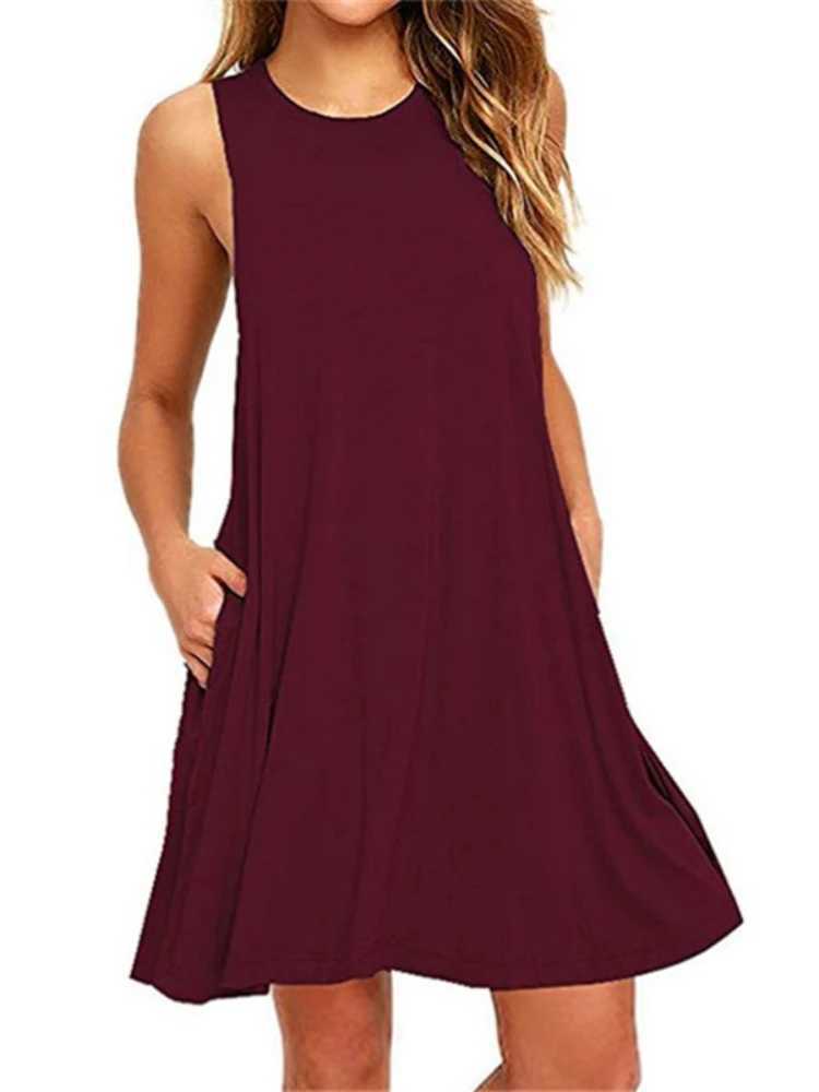 With Pocket Solid Color Sleeveless Loose Dress Women O Neck Mini Casual Dress Office Club Party Dresses XJ250814