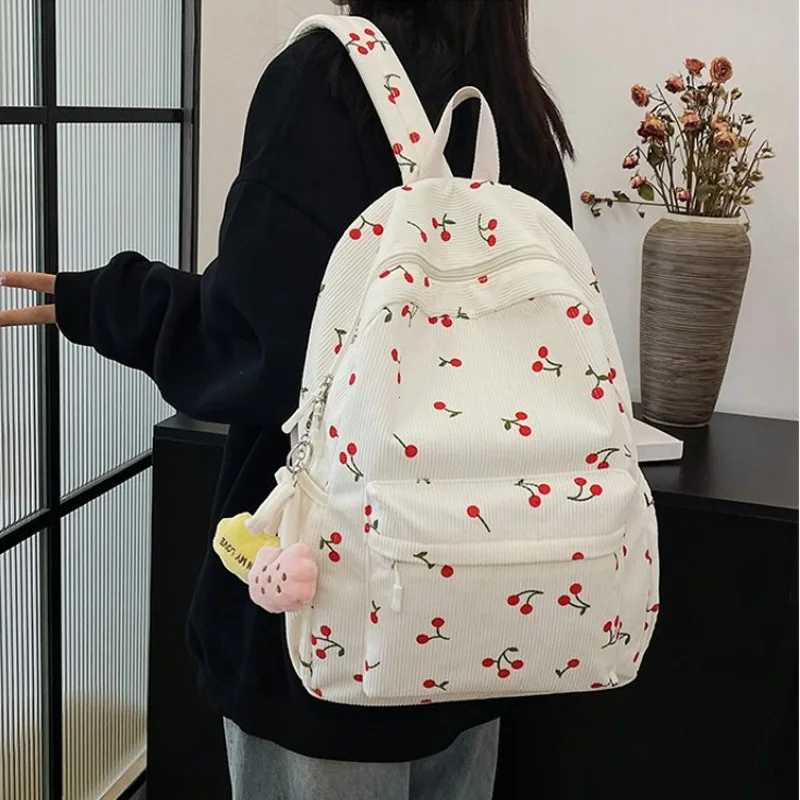 Corduroy Backpack Cherry Pattern Women Travel Daypack Adjustable Strap Laptop Backpack Zipper for Work Shopping School Backpacks XJ250814