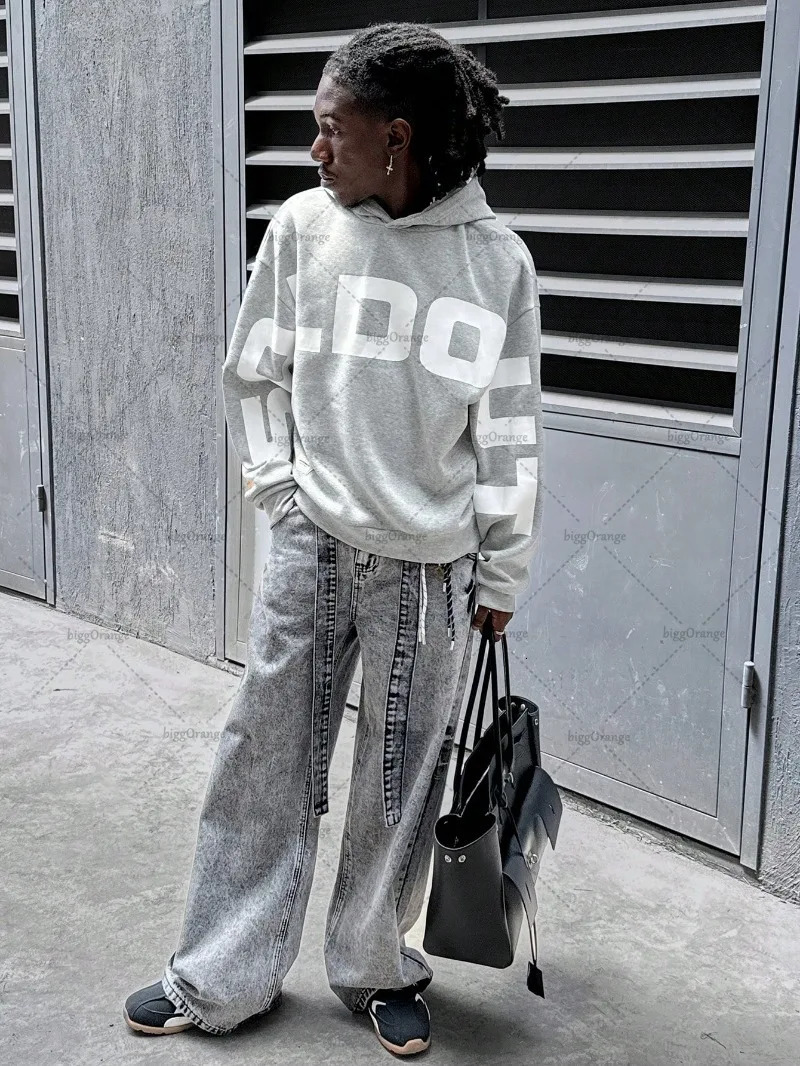 High Street Trendy Streetwear Hip-Hop American Retro Letters Gray Hoodie Gothic Harajuku Casual Loose Oversized Sweatshirt Men 250813