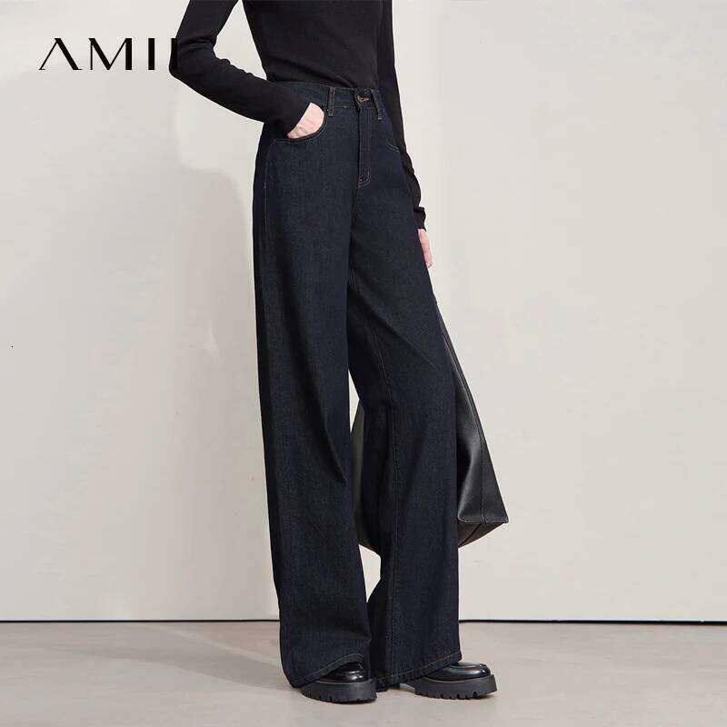 AMII Minimalist Women Casual 2025 Autumn Korean Style Embroidery Loose Denim Wide Leg Pants Jeans Trousers 12543142