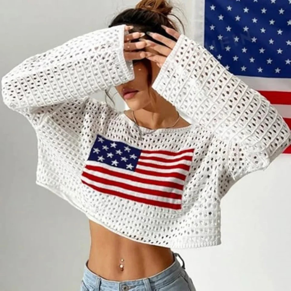 Womens Crew Neck Cropped Pullover American Flag Pattern Long Sleeve Knit Hollow Navel Top Womens Clothing 250808